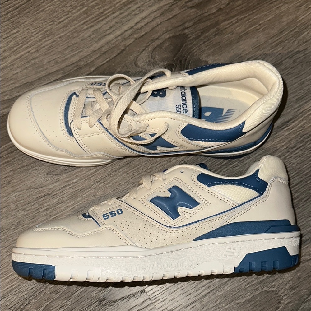 New Balance 550 Cream and Blue Sneakers